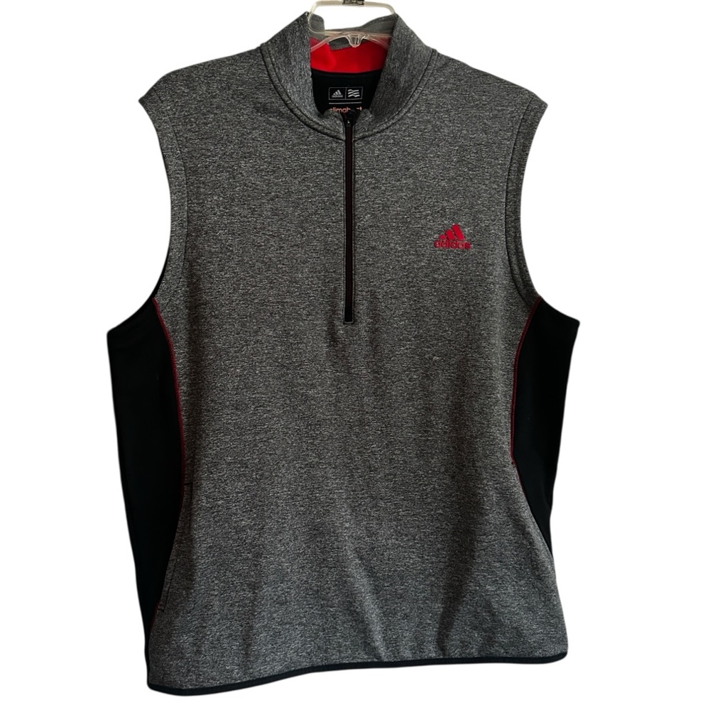 Adidas Golf Climaheat vest in gray, black, and red. Men’s size large, half zip